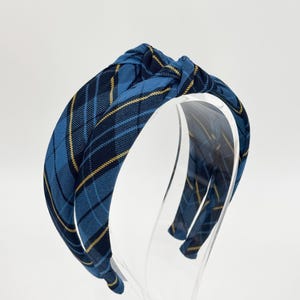 1.25&quot; or 1&quot; Knotted Headband in School Uniform Plaid-Padded headband-Knot at Top-Uniform Headband- Girls Headband-Plaid 678-Navy Blue,Yellow