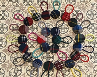 School Uniform Plaid Button Hair Ties/Set of 2/Girls/Women Hair Accessories/Pony tail Holder/Hair Bobbles/Avail in 60 Plaids and 3 sizes