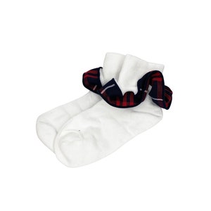 Plaid 36-Girls Plaid Trimmed Ruffled Ankle Socks--School Uniform Socks- Hamilton Plaid-Navy and Red Plaid