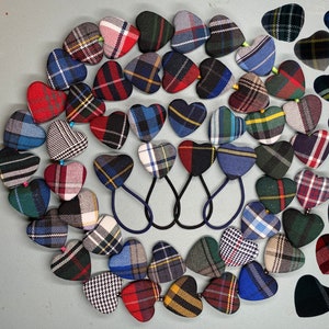 Heart Shape Button Hair Ties School Uniform Plaid/Set of 2/Girls/Women Hair Accessories/Pony tail Holder/Hair Bobbles/Available in 65 Plaids