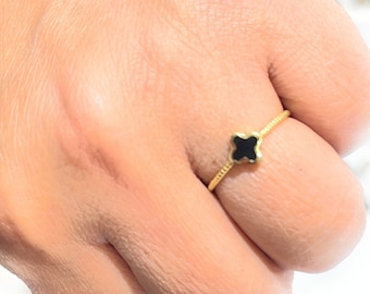 Dainty Clover Ring: Black Onyx, 14k Gold Vermeil, Sterling Silver