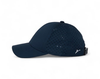 Athletic Dri Fit Baseball Hat. Water Resistant, Ultra Lightweight, Minimalist Branding and Maximum Breathability. Navy Blue.