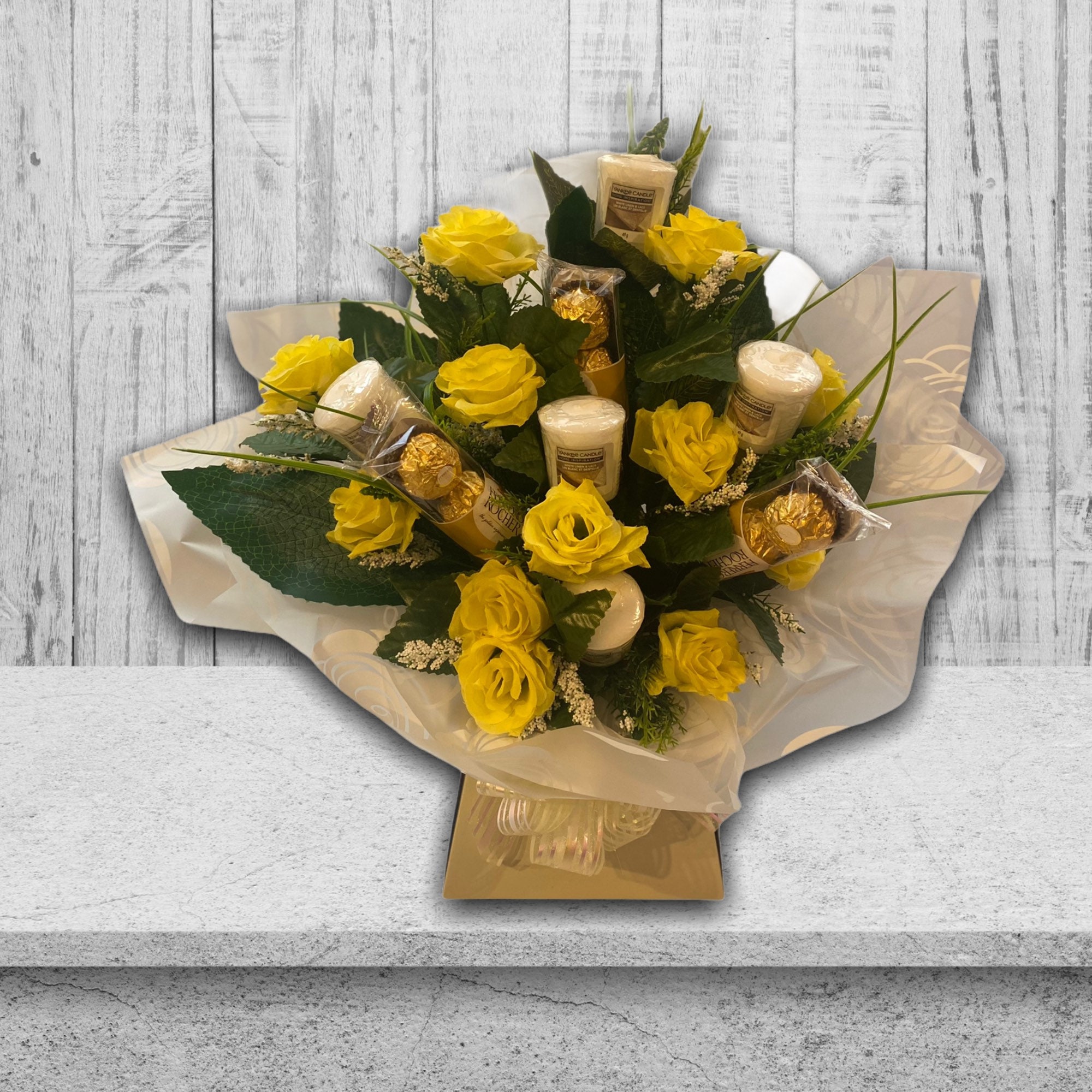 Yellow Rose & Yankee Candle Bouquet Hamper With Chocolates Etsy UK