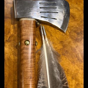 Handcrafted Tomahawk Axe: Curly Maple Handle, Peacock Feather Adornment