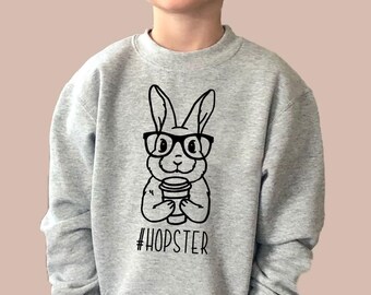 Kids Hopster Easter Bunny Crewneck Sweatshirt - Hipster Easter Fleece Sweater- Trendy Easter Bunny Unisex Sweatshirt for Kids & Adults