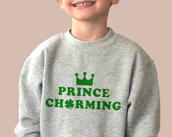 Prince Charming St. Patrick’s Day Crewneck Sweatshirt, Saint Patrick Kid Boy Fleece Sweater for toddlers, kids or adults