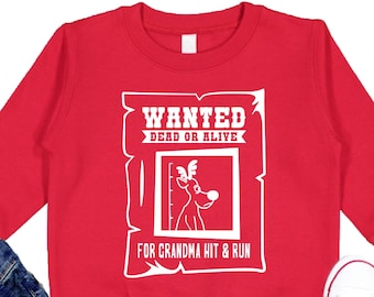 Sudadera navideña divertida para niños, suéter para niños pequeños con renos buscados, la abuela fue atropellada por una camiseta de renos para niños, niñas, hombres o mujeres