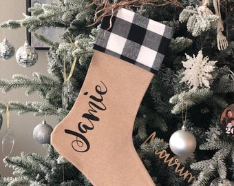 PERSONALIZED Christmas stocking, Buffalo plaid burlap stocking, personalized custom black and white Family Stockings, farmhouse stockings