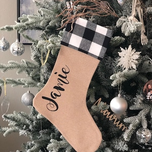 PERSONALIZED Christmas stocking, Buffalo plaid burlap stocking, personalized custom black and white Family Stockings, farmhouse stockings