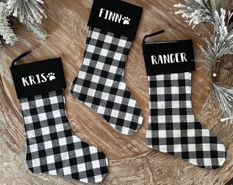 Medias navideñas personalizadas, medias a cuadros de búfalo, medias personalizadas en blanco y negro, medias navideñas de granja
