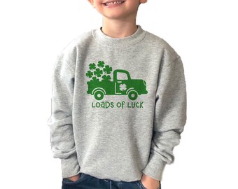 Saint Patrick’s Day Boy Crewneck Sweatshirt - Loads of Luck St. Patty’s Day Fleece Sweater for toddlers, kids & adults, St. Patrick's Day