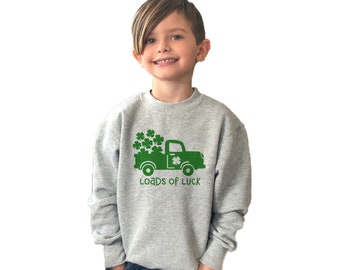 Saint Patrick’s Day Boy Crewneck Sweatshirt - Loads of Luck St. Patty’s Day Fleece Sweater for toddlers, kids & adults, St. Patrick's Day