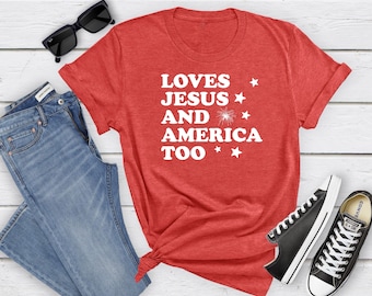 Camiseta para niños "Ama a Jesús y a Estados Unidos también", camiseta patriótica de EE. UU. con cuello redondo y manga corta para niños y adultos.
