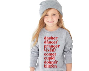 Sudadera con cuello redondo de renos de Papá Noel, nombres de renos navideños (Dasher Dancer Prancer Vixen Comet) Suéter de Navidad polar para niños o adultos