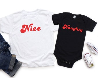Naughty or Nice Kids Siblings Christmas Shirts, Funny Holiday Matching tee shirt for toddlers, teens, boy or girl