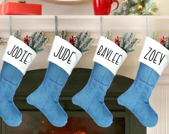 Country Denim Christmas stocking, Personalized Cowboy Christmas Jean stocking, Custom farmhouse stockings