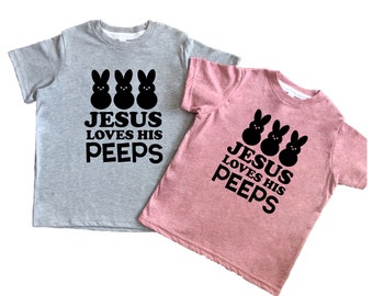 Camiseta de manga corta con cuello redondo "Jesús ama a su gente" / Camiseta religiosa de Pascua para niños / Camiseta cristiana de conejo de Pascua para bebés o niños