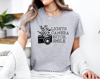 Luces Cámara Perra Sonrisa Mujer Camisa, Camiseta Cuello V