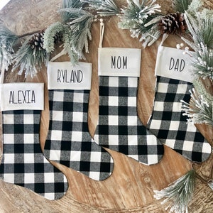 Buffalo Plaid Personalized Christmas Stockings, Custom Trendy Modern Black and White Stocking, Christmas Farmhouse Stockings