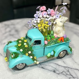 Easter truck, farmhouse truck decor, teal truck, truck arrangement, truck centerpiece, home decor, floral arrangement, spring truck, easter
