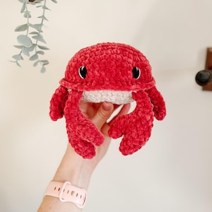 May include: A handmade red crochet crab with black eyes and a beige underside. The crab has two large claws and is made of a soft, textured yarn. This plush toy is a cute and cuddly item.