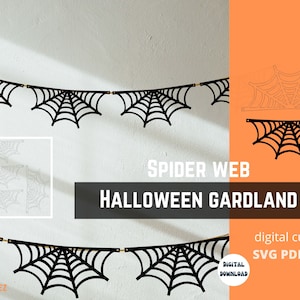 May include: Black spider web garland for Halloween decor. The garland is made of black cutouts of spider webs, strung together with gold-colored connectors. The words "SPIDER WEB HALLOWEEN GARDLAND" are displayed in the image.