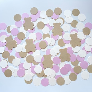 Nous pouvons attendre - confettis de douche de bébé - fête sur le thème de l’ours - confettis d’ours en peluche - rose, crème et bronzage - confettis du premier anniversaire