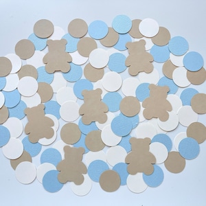 Nous pouvons attendre - confettis de douche de bébé ours - fête sur le thème de l’ours - confettis d’ours en peluche - bleu, crème et bronzage - confettis de premier anniversaire