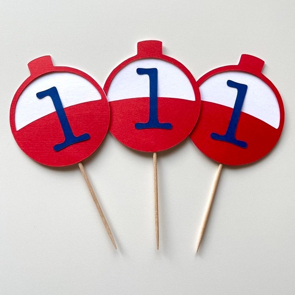 O-Fishally one cupcake toppers - bobber cupcake toppers - first birthday fishing theme - O-fish-ally one birthday decorations