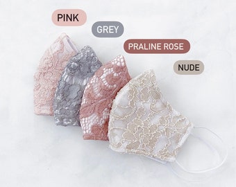 Sparkling Pink Nude Grey Bridal Lace Face Mask - Reusable, Washable, Fashion Fitted Contour, everyday Luxury Face Mask - Made in USA