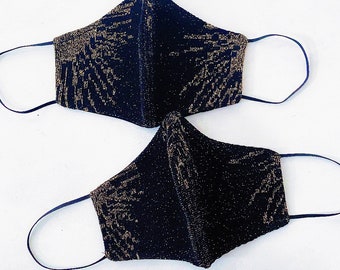 Black and Gold Sparkly Glam Face Mask - Reusable, Washable, Handmade Fashion Contour Fitted, Fabric Luxury Mask - Made in USA