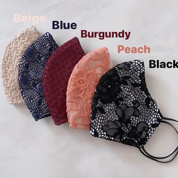 Floral Lace Face Mask - Reusable Fashion Contour Fitted Lace Mask (Black Burgundy Blue Peach Beige) - Made in USA