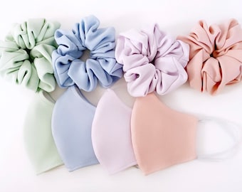 Pastel Pink, Light Blue, Mint Green, Lavender Face Mask and/or Scrunchies- Reusable, Washable, Fashion Contour Fitted, stretchy- Made in USA