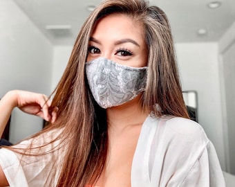 Soft earl grey Lace Face Mask, Reusable, Washable, Fashion Fitted Contour, Luxury Fabric Lace Face Mask - Made in USA