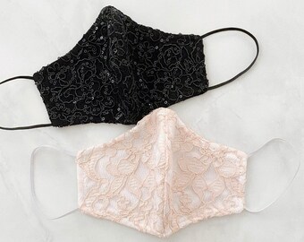 Blush Pink Gold Specs and Black beaded Sequin Sparkling Lace Face Mask, Reusable, Washable, Fitted Contour, Luxury Face Mask - Made in USA