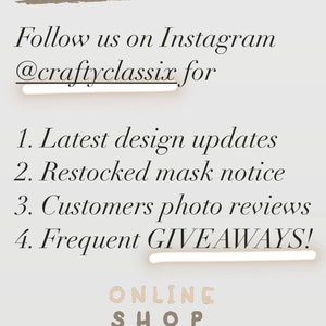 Pode incluir: Um gr&aacute;fico com o texto "Obrigado por visitar!" e "Siga-nos no Instagram @craftyclassix para" seguido de uma lista de raz&otilde;es para seguir a conta: "1. &Uacute;ltimas atualiza&ccedil;&otilde;es de design", "2. Aviso de reposi&ccedil;&atilde;o de m&aacute;scara", "3. Avalia&ccedil;&otilde;es de fotos de clientes", "4. Brindes frequentes!" O gr&aacute;fico tamb&eacute;m inclui o texto "LOJA ONLINE FAVORITOS".