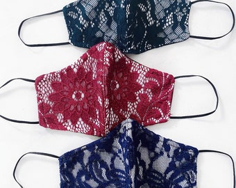 Christmas Floral sparkle sequin Lace Face Mask - Reusable Fashion Contour Fitted Lace Mask (Blue, red, green) - Made in USA
