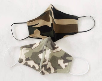 Camo Green Face Mask Reusable, Washable, Fashion Fitted Contour, Fabric Army Military Camo Green Pattern - Made in USA