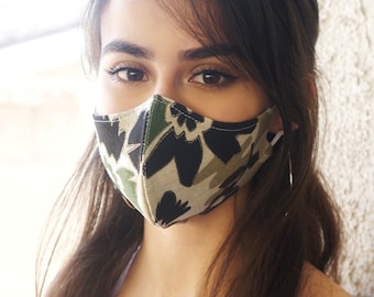 Camo Green Face Mask Reusable, Washable, Fashion Fitted Contour, Fabric Camo Green Floral Pattern - Made in USA