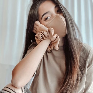 Neutral Warm Tan Color Hair Scrunchies -Matching Face Mask Available - reusable, washable, fashion fitted, crease free hair chunky scrunchie