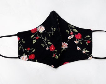 Dainty red floral vines face mask, Washable, Fashion Fitted Contour, Smooth and Soft Fabric Floral Pattern Face Mask - Made in USA