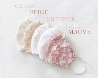 Lace Face Mask - Reusable, Washable, Fashion Contour Fitted, Fabric Handmade Beige Ivory Pink White Lace floral pattern - Made in USA