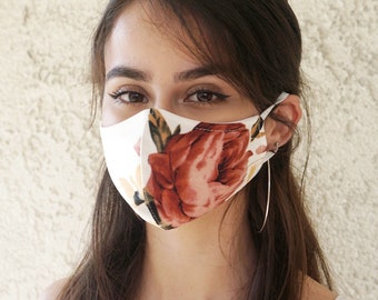 Face Mask - Reusable, Washable, Textured Fashion Fitted Contour Fabric White Red & Rose Face Mask - Made in USA