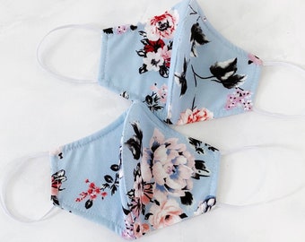 Light baby blue Floral Face Mask - Reusable, Washable, Fashion Fitted Contour Fabric Blue Colorful Floral Pattern Face Mask - Made in USA