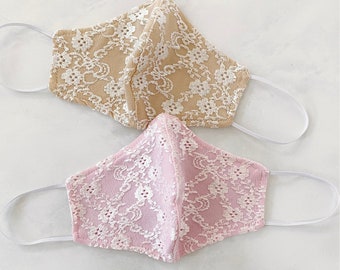 Pink and Beige Floral embroidered Face Mask, Reusable, Washable, Fashion Fitted Contour, Luxury Fabric Face Mask - Made in USA