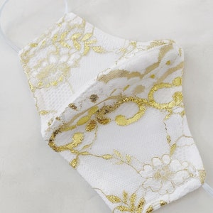 Svartvitguld spets ansiktsmask - Återanvändbar, tvättbar, moderiktig kontur, vit, svartguld spets lyxigt tyg ansiktsmask - Tillverkad i USA Gold lace