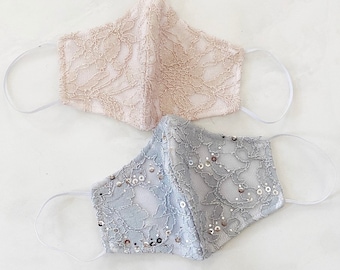 Blush Pink and Blue/Grey Sparkling Lace Face Mask, Reusable, Washable, Fashion Fitted Contour, Luxury Fabric Face Mask - Made in USA