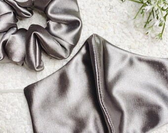 Silky Platinum Silver Hair Scrunchies -Matching Face Mask Available - reusable, washable, fashion fitted, crease free hair chunky scrunchie