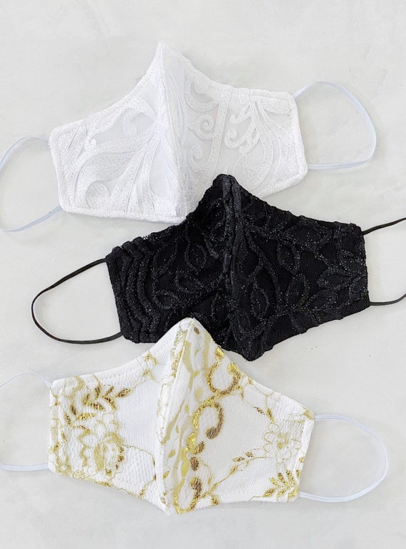 Black White Gold Lace Face Mask - Reusable, Washable, Fashion Fitted Contour, White, Black Golden Lace Luxury Fabric Face Mask - Made in USA