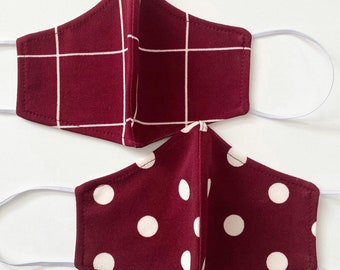 Burgundy Red Polkadot Or Crossed Design Face Mask Reusable, Washable, Fashion Fitted Contour, Fabric - Made in USA